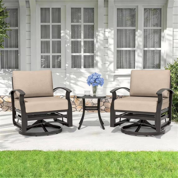Gotland 3PCS Outdoor Aluminum Swivel Rocking Chairs, 2-Person Patio Furniture Conversation Set with Coffee Table and Cushions, Gray