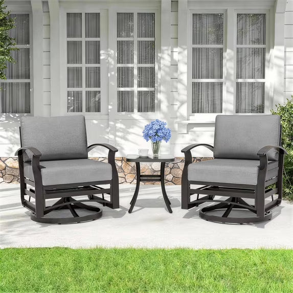 Gotland 3PCS Outdoor Aluminum Swivel Rocking Chairs, 2-Person Patio Furniture Conversation Set with Coffee Table and Cushions, Gray