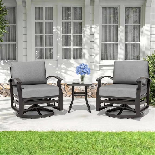 Gotland 3PCS Outdoor Aluminum Swivel Rocking Chairs, 2-Person Patio Furniture Conversation Set with Coffee Table and Cushions, Gray