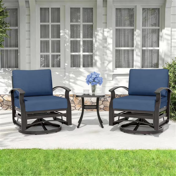 Gotland 3PCS Outdoor Aluminum Swivel Rocking Chairs, 2-Person Patio Furniture Conversation Set with Coffee Table and Cushions, Gray