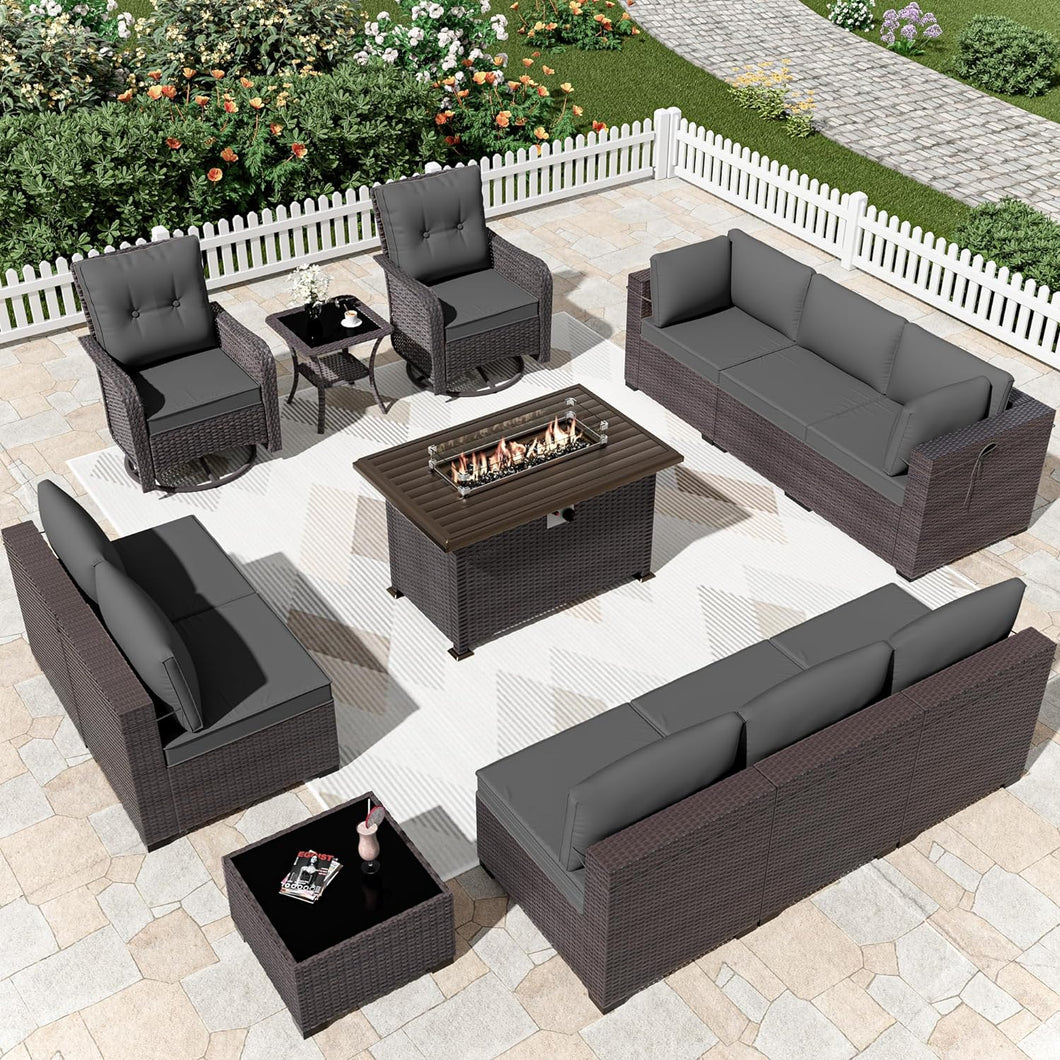 13-Piece Outdoor Wicker Swivel Rocking Chair Combination Sectional Sofa Set in Grey Cushion with Side Table and Fire Pit Table