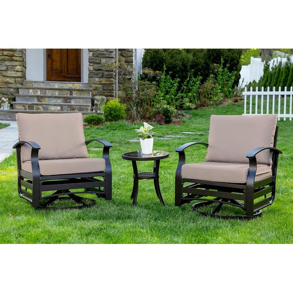 Kullavik 3 Piece Patio Outdoor Aluminum Metal Swivel Rocking Chair with Coffee Table and 5.1 Inch Cushion Outdoor Metal Swivel Rocking Chair Furniture Conversation Set for Porch Garden - Khaki