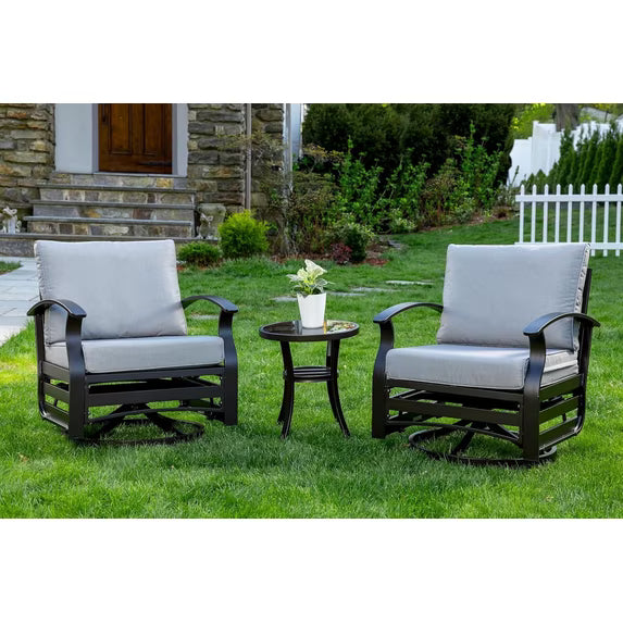 Kullavik 3 Piece Patio Outdoor Aluminum Metal Swivel Rocking Chair with Coffee Table and 5.1 Inch Cushion Outdoor Metal Swivel Rocking Chair Furniture Conversation Set for Porch Garden - Khaki