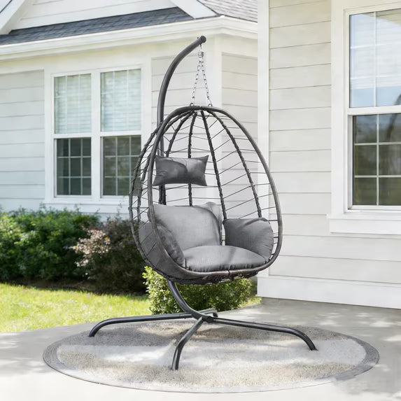 Kullavik Hanging Swing Egg Chair with Bracket Swing Hammock Chair Indoor/Outdoor Hanging Swing Chair with Cushioned Headrest Load Capacity 350LBS for Patio Bedroom Porch Garden - Cream