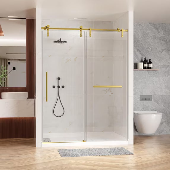 Kullavik Shower Door 56-60" W x 76" H Frameless Shower Door,Sliding Shower Door with 5/16"(8mm) Clear Tempered Glass,Glass Shower Door w/Seal Strip Parts and Handle,Stainless Steel Hardware,Black