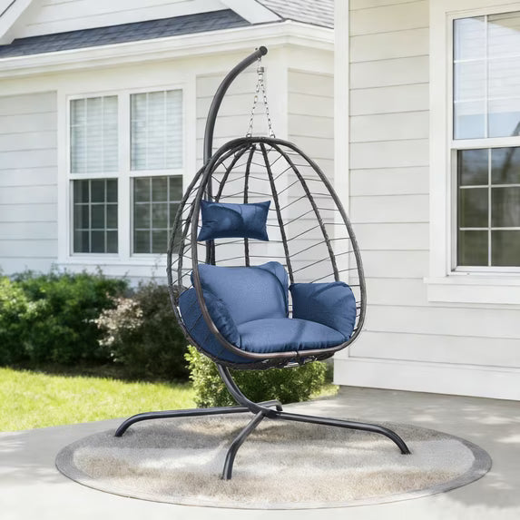 Kullavik Hanging Swing Egg Chair with Bracket Swing Hammock Chair Indoor/Outdoor Hanging Swing Chair with Cushioned Headrest Load Capacity 350LBS for Patio Bedroom Porch Garden - Cream