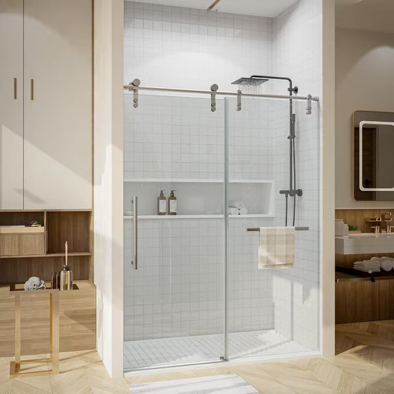Kullavik Shower Door 56-60" W x 76" H Frameless Shower Door,Sliding Shower Door with 5/16"(8mm) Clear Tempered Glass,Glass Shower Door w/Seal Strip Parts and Handle,Stainless Steel Hardware,Black