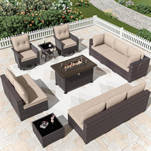 Load image into Gallery viewer, 13-Piece Outdoor Wicker Swivel Rocking Chair Combination Sectional Sofa Set in Khaki Cushion with Side Table and Fire Pit Table
