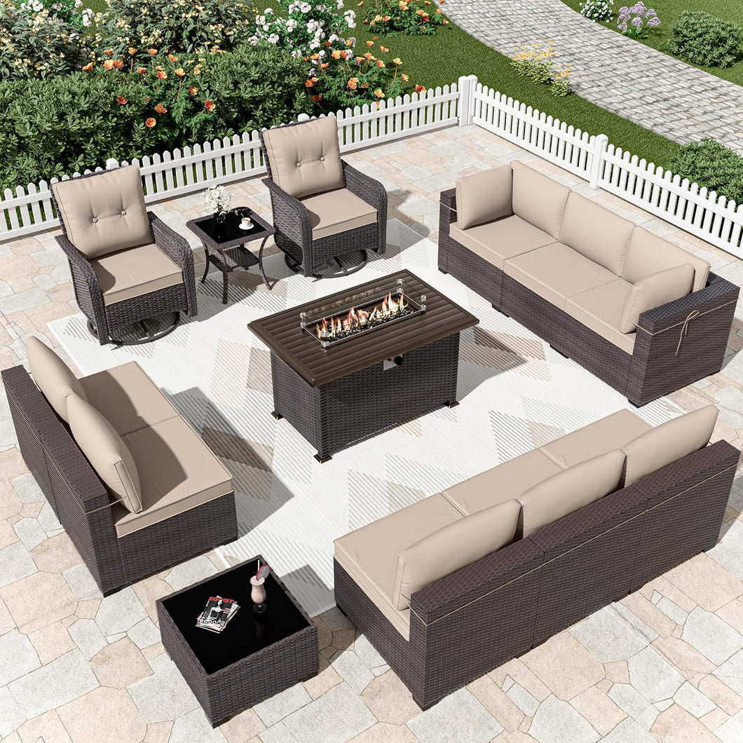 13-Piece Outdoor Wicker Swivel Rocking Chair Combination Sectional Sofa Set in Khaki Cushion with Side Table and Fire Pit Table