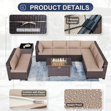 Load image into Gallery viewer, 13-Piece Outdoor Wicker Swivel Rocking Chair Combination Sectional Sofa Set in Khaki Cushion with Side Table and Fire Pit Table
