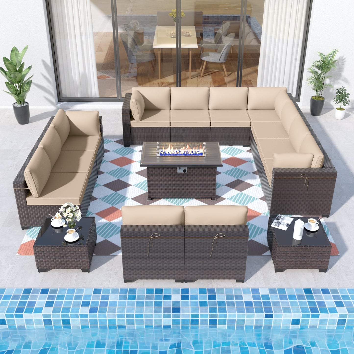 ALAULM 15-Piece Outdoor Patio Sectional Sofa Set with CSA-Certified Propane Fire Pit – Brown PE Rattan, 12 Cushions, and Coffee Tables
