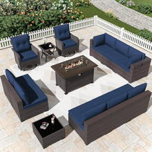 Load image into Gallery viewer, 13-Piece Outdoor Wicker Swivel Rocking Chair Combination Sectional Sofa Set in Navy Cushion with Side Table and Fire Pit Table

