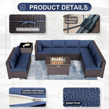 Load image into Gallery viewer, 13-Piece Outdoor Wicker Swivel Rocking Chair Combination Sectional Sofa Set in Navy Cushion with Side Table and Fire Pit Table
