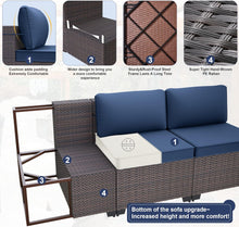 Load image into Gallery viewer, 13-Piece Outdoor Wicker Swivel Rocking Chair Combination Sectional Sofa Set in Navy Cushion with Side Table and Fire Pit Table
