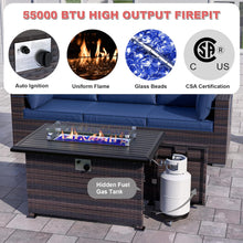 Load image into Gallery viewer, 13-Piece Outdoor Wicker Swivel Rocking Chair Combination Sectional Sofa Set in Navy Cushion with Side Table and Fire Pit Table
