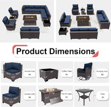 Load image into Gallery viewer, 13-Piece Outdoor Wicker Swivel Rocking Chair Combination Sectional Sofa Set in Navy Cushion with Side Table and Fire Pit Table
