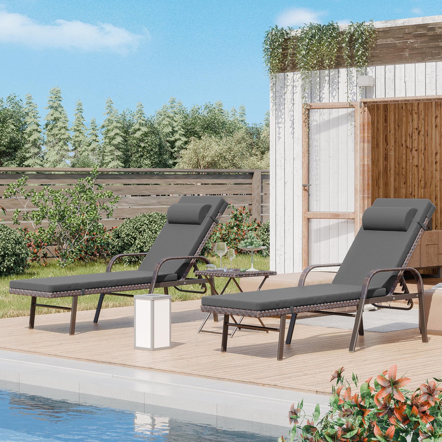 ALAULM 3 Pieces Outdoor Chaise Lounge Set w/Folding Table,Patio Recliner for Beach, Poolside