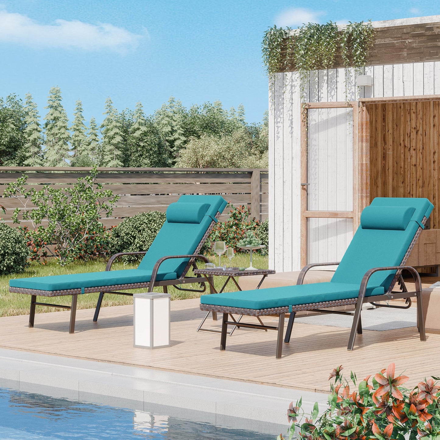 ALAULM 3 Pieces Outdoor Chaise Lounge Set w/Folding Table,Patio Recliner for Beach, Poolside