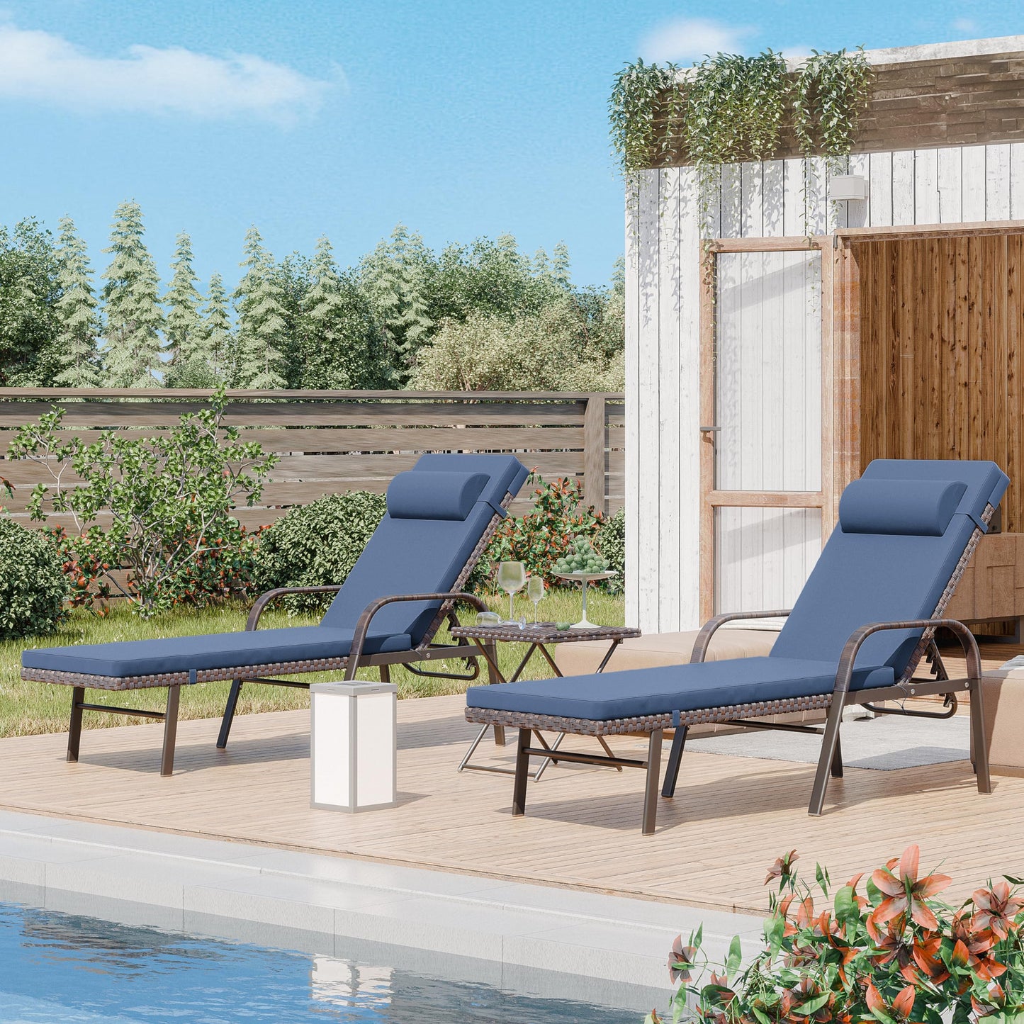 ALAULM 3 Pieces Outdoor Chaise Lounge Set w/Folding Table,Patio Recliner for Beach, Poolside