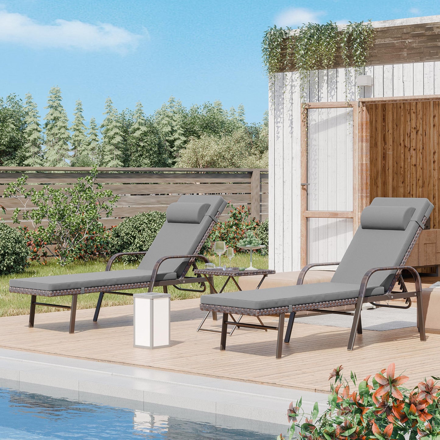 ALAULM 3 Pieces Outdoor Chaise Lounge Set w/Folding Table,Patio Recliner for Beach, Poolside