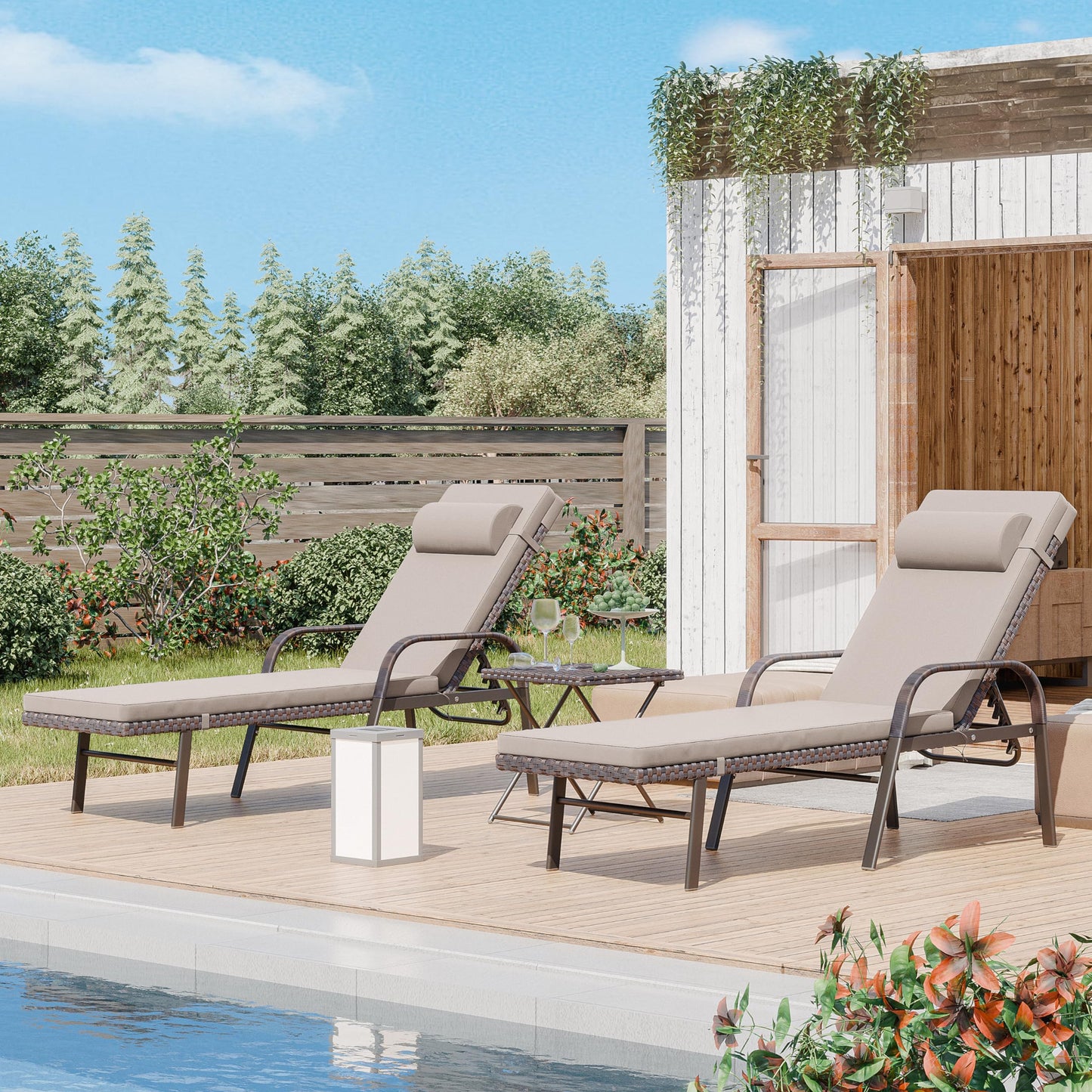 ALAULM 3 Pieces Outdoor Chaise Lounge Set w/Folding Table,Patio Recliner for Beach, Poolside