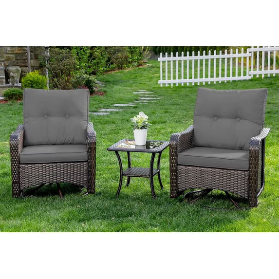 Kullavik 3 Pieces Patio Swivel Rocker Wicker Chairs-Outdoor Swivel Rocking Chairs with 1 Rattan Coffee Table&2 Grey Thickened Cushions Outdoor Furniture Conversation Sets for Patio Garden - Khaki