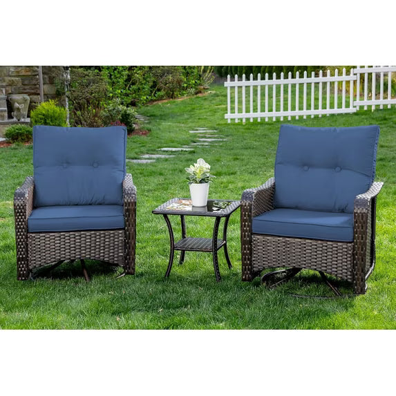 Kullavik 3 Pieces Patio Swivel Rocker Wicker Chairs-Outdoor Swivel Rocking Chairs with 1 Rattan Coffee Table&2 Grey Thickened Cushions Outdoor Furniture Conversation Sets for Patio Garden - Khaki