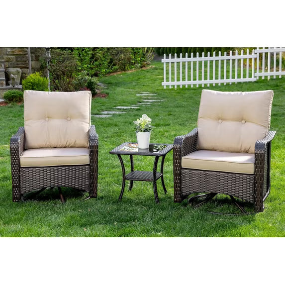 Kullavik 3 Pieces Patio Swivel Rocker Wicker Chairs-Outdoor Swivel Rocking Chairs with 1 Rattan Coffee Table&2 Grey Thickened Cushions Outdoor Furniture Conversation Sets for Patio Garden - Khaki
