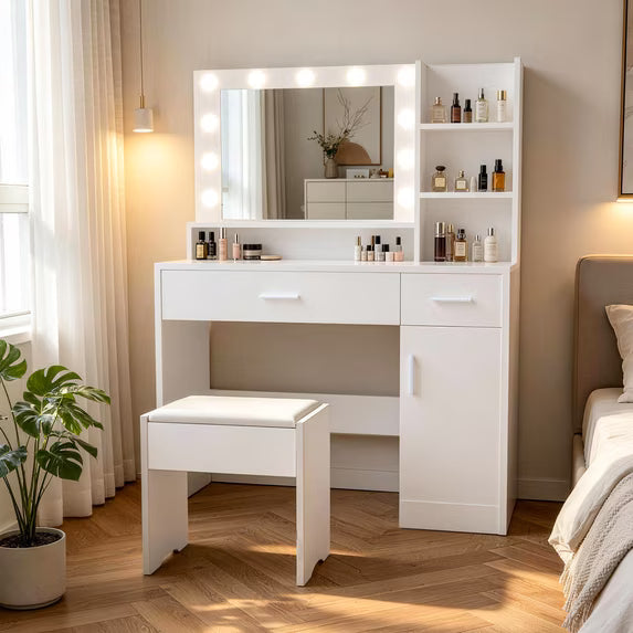 Gotland Makeup Vanity Set with Mirror and Lights, Vanity Desk with 3 Shelves & 2 Drawers for Bedroom, White