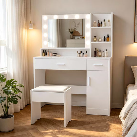 Gotland Makeup Vanity Set with Mirror and Lights, Vanity Desk with 3 Shelves & 2 Drawers for Bedroom, White