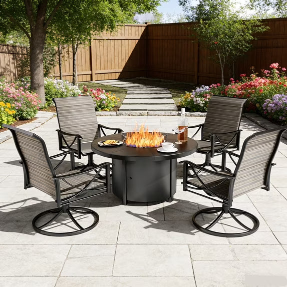 ASJMR ASJMR 5PCS All-Weather Outdoor Patio Dining Set with Metal Square Table & Textilene Swivel Chairs for 4-Person, Brown