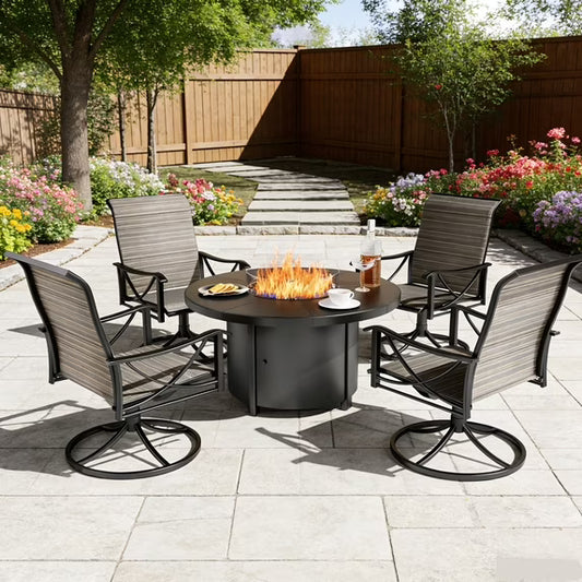 ASJMR ASJMR 5PCS All-Weather Outdoor Patio Dining Set with Metal Square Table & Textilene Swivel Chairs for 4-Person, Brown