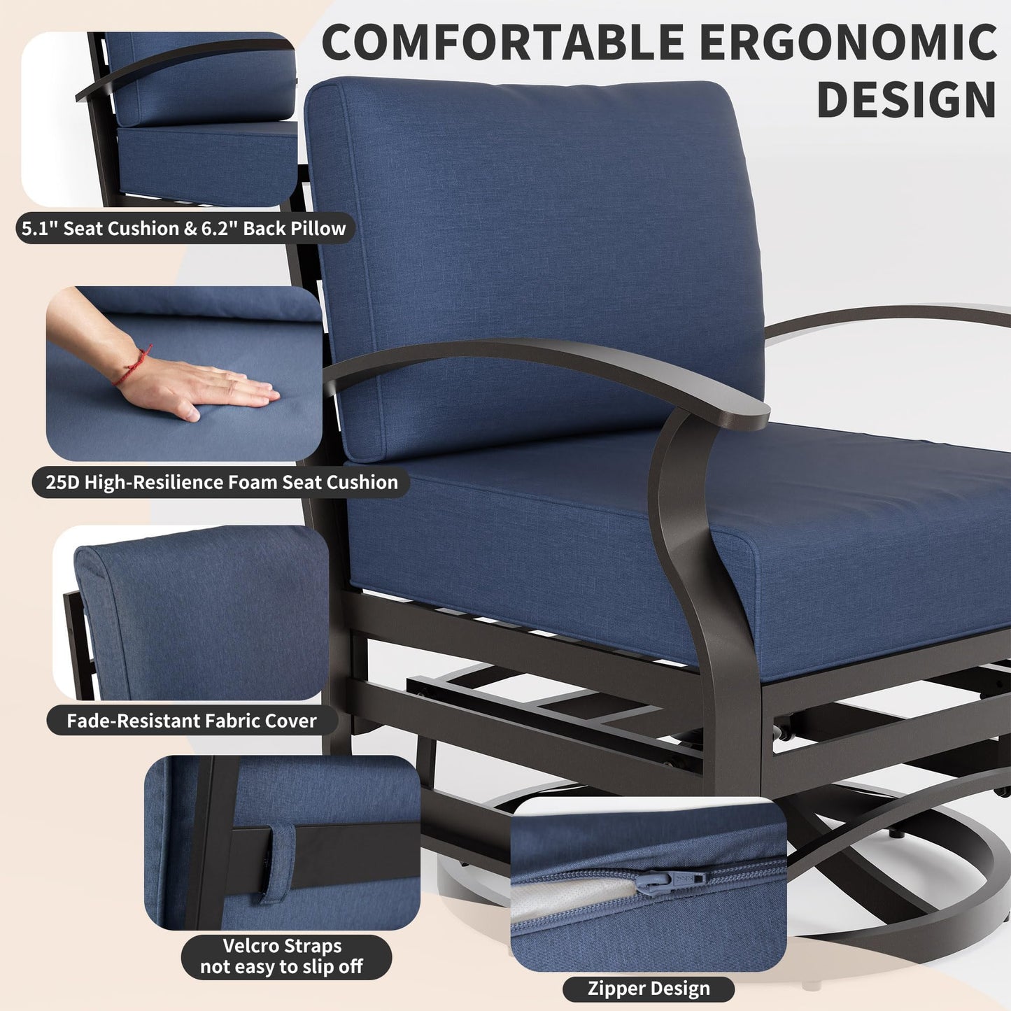 ALAULM Aluminum Outdoor Single Swivel Chair Set with 5.1" High-Resilience Seat Cushions, Removable Cushions for Backyard, Lawn, Porch