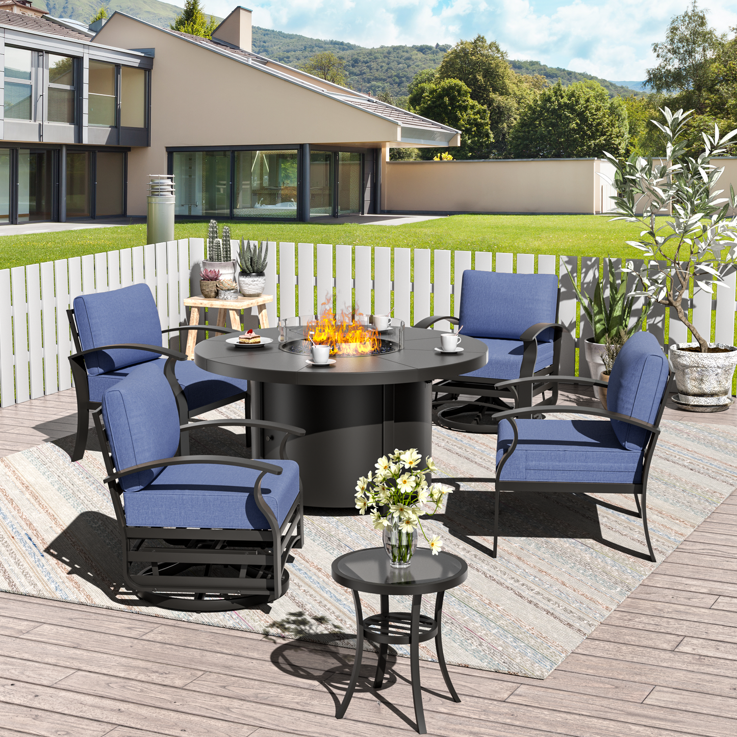 ALAULM 4-Seat Aluminum Patio Furniture Set, Outdoor Patio Conversation Set with Round Fire Pit Table and 5.1" Cushions for Patio Backyard Poolside