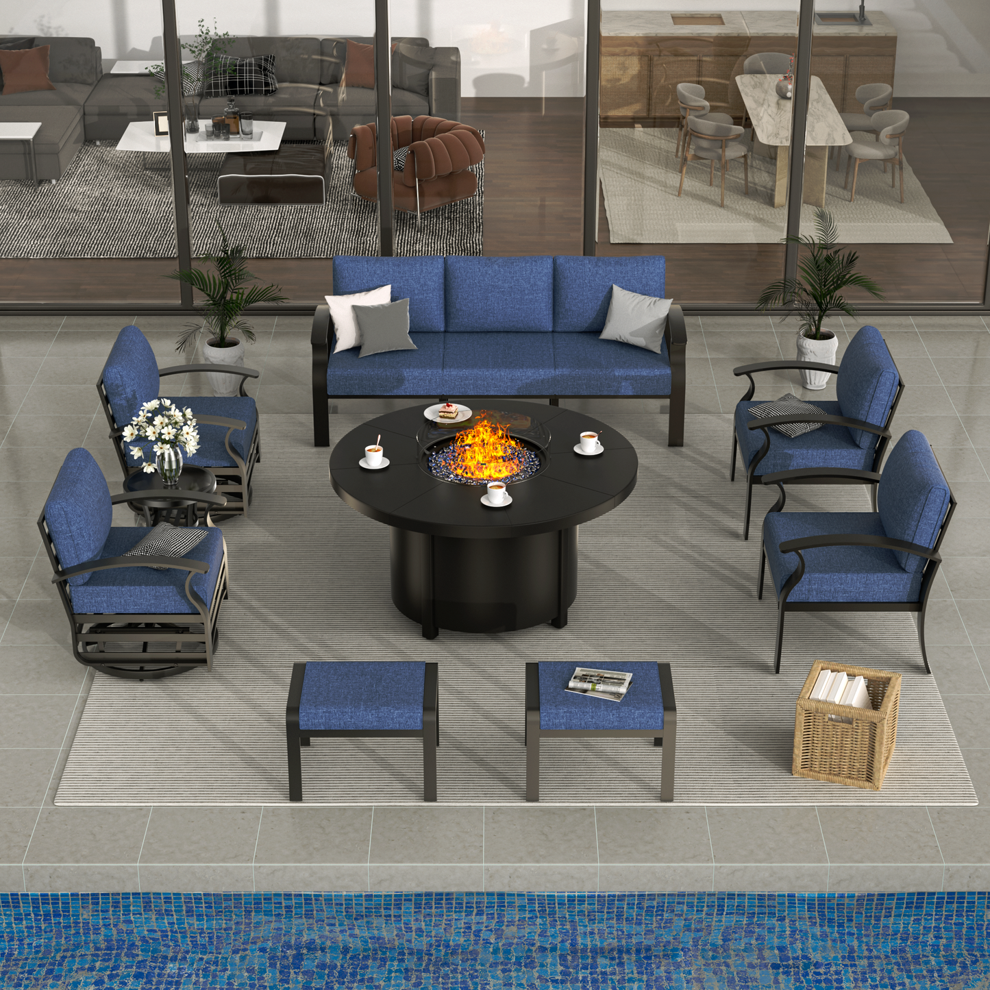 ALAULM Aluminium Patio Furniture Set with Swivel Chairs, 9-Seater Metal Outdoor Furniture Patio Sectional Sofas Patio Conversation Set with 2 swivel chairs For Patio, Backyard, Poolside