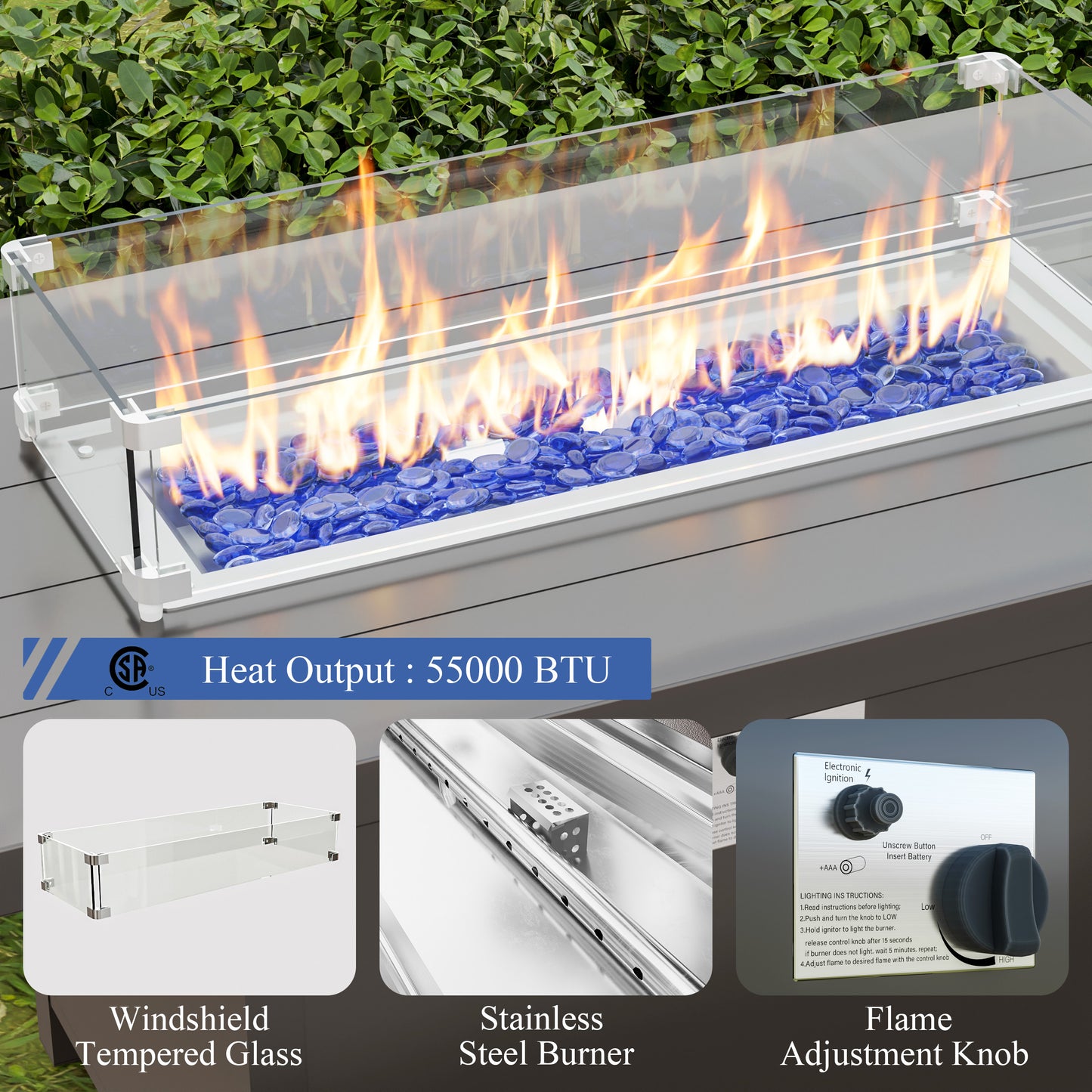 ALAULM 8 Pcs Patio Furniture Set withStainless Steel Gas Fire Pit Table, Brown/Blue