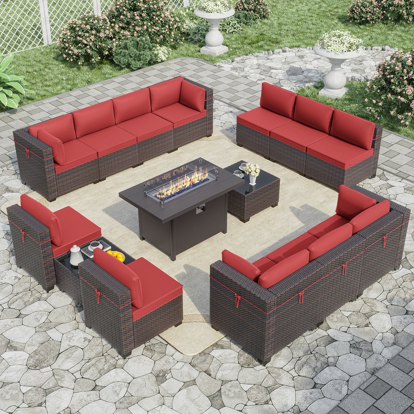ALAULM 15-Piece Aluminum Weatherproof Outdoor Conversation Sets with Fire Pit Table, Blue/Brown