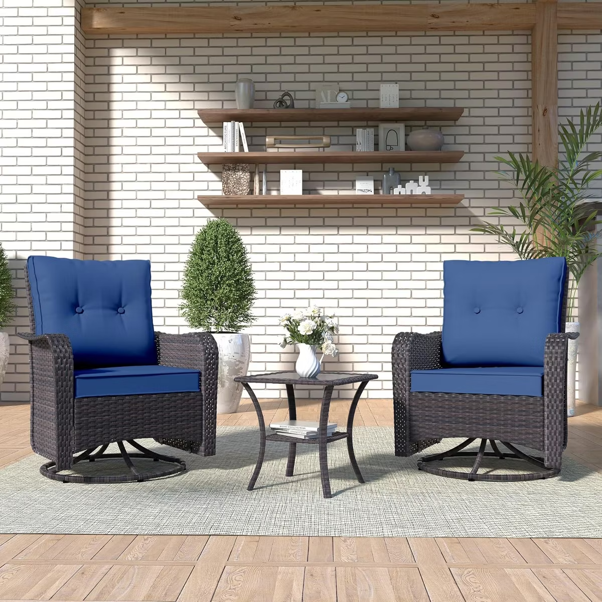 Kullavik 3PCS Wicker Rocking Chair Swivel Chairs, Patio Furniture Set Rattan Rocking Bistro Sets with Coffee Table for Outdoor Porch Deck Garden Backyard,Sand