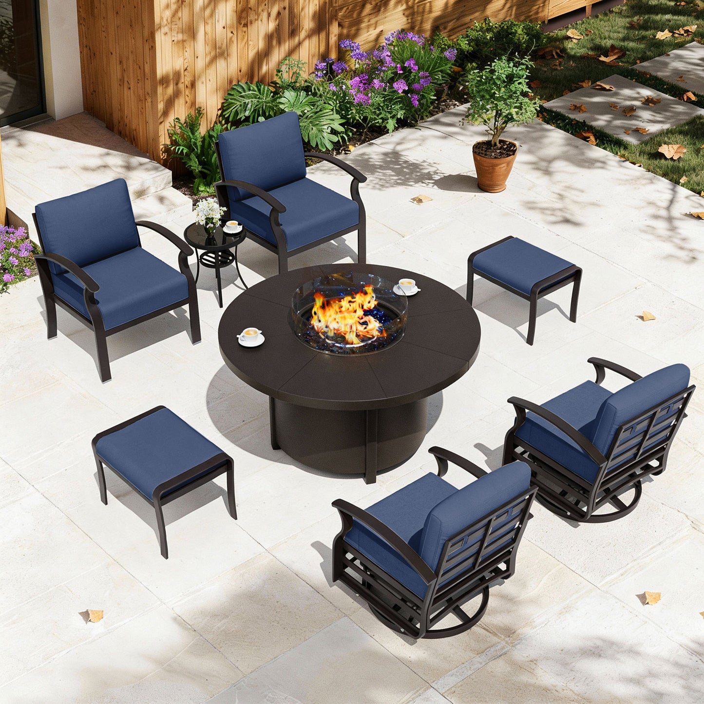 ALAULM Aluminium Patio Furniture Set with Swivel Chairs, 6-Seater Metal Outdoor Furniture Patio Sectional Sofas Patio Conversation Set with 2 Ottomans For Patio, Backyard, Poolside