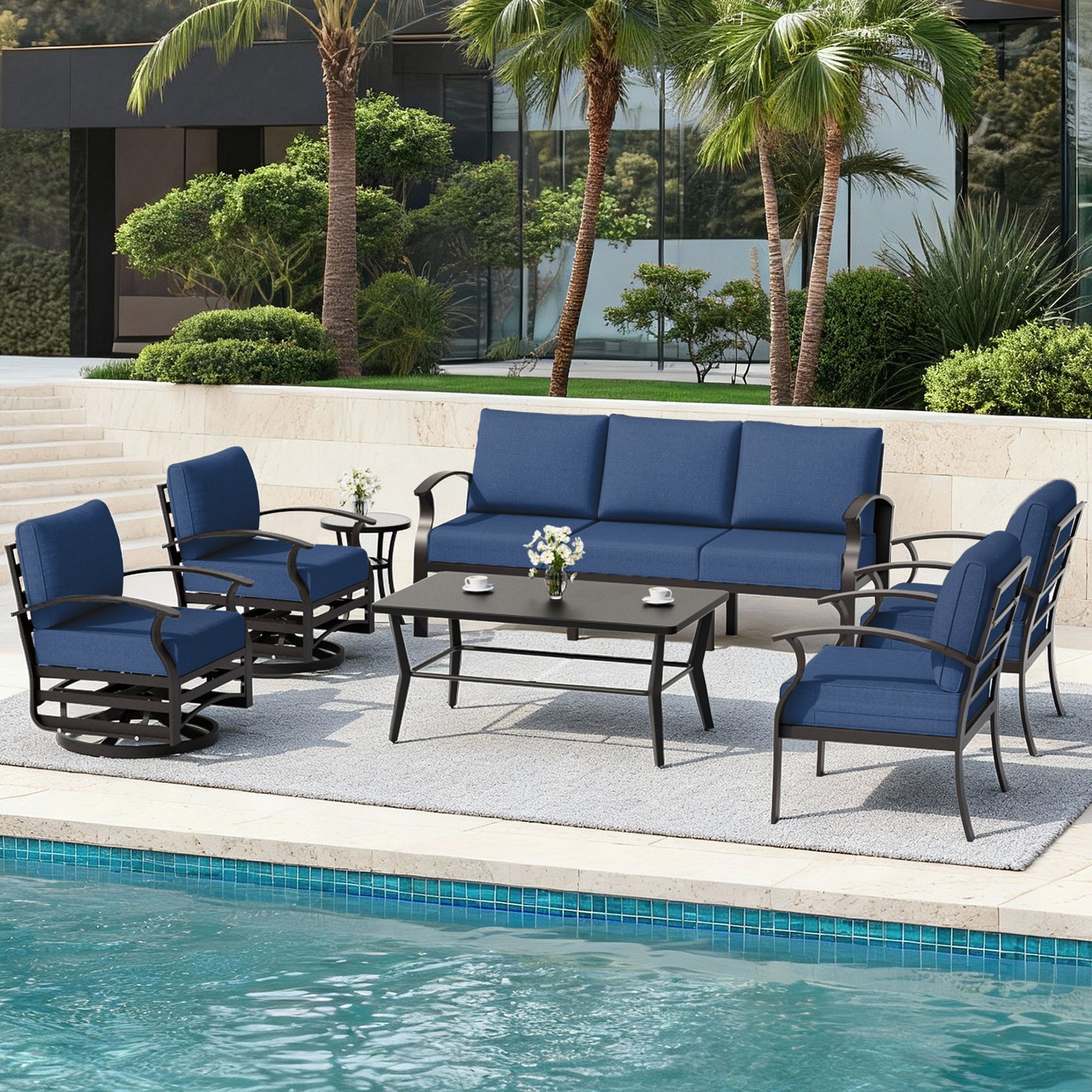 ALAULM 7-Seat Aluminum Patio Furniture Set, Outdoor Patio Conversation Set with Rectangular Metal Coffee Tables and 5.1" Cushions for Patio Backyard Poolside