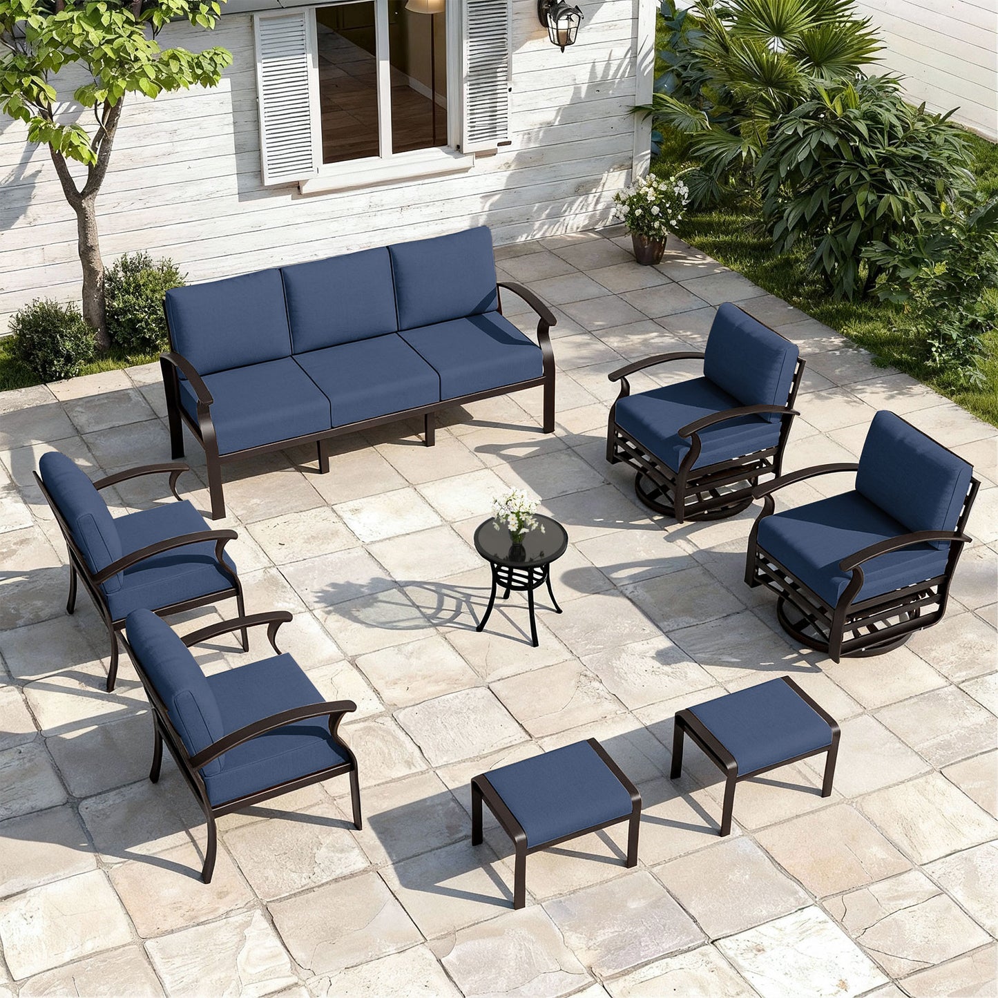 ALAULM 9-Seat Aluminum Patio Furniture Set, Outdoor Patio Conversation Set with Propane Fire Pit Table and 5.1" Cushions for Patio Backyard Poolside