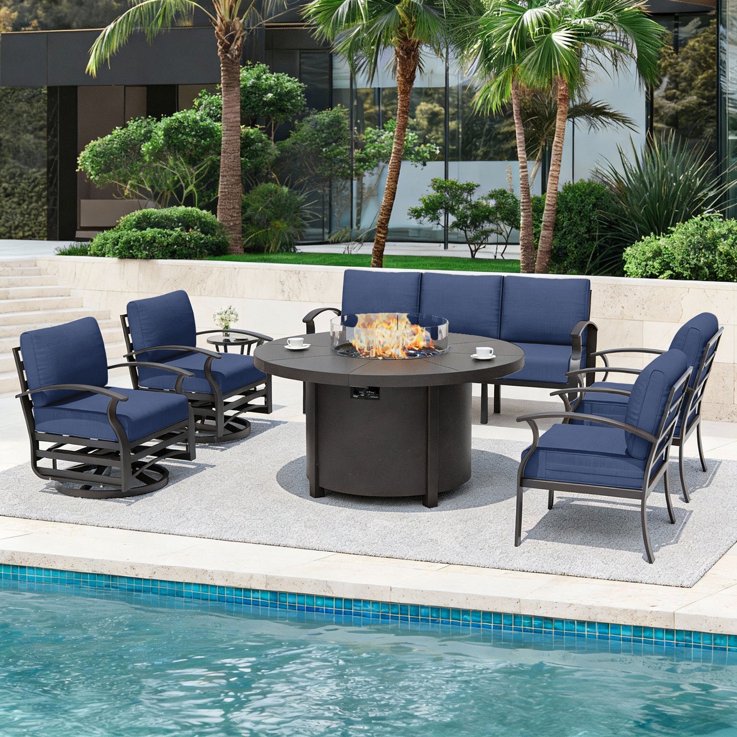 ALAULM Aluminium Patio Furniture Set with Swivel Chairs, 7-Seater Metal Outdoor Furniture Patio Sectional Sofas Patio Conversation Set with 2 swivel chairs For Patio, Backyard, Poolside