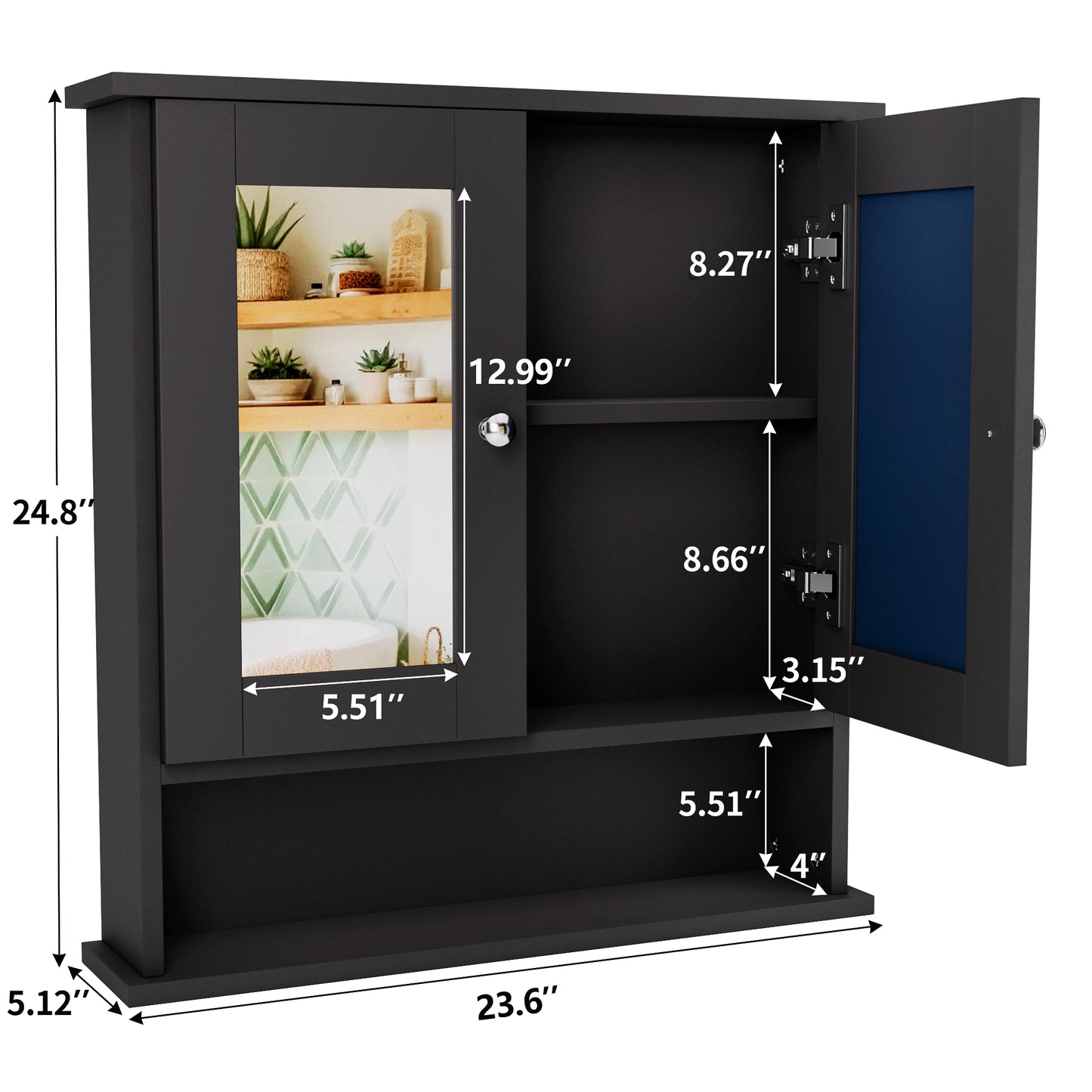 ASJMR Bathroom Wall Cabinet with Mirror, Bathroom Medicine Cabinet with 2 Doors , Wall-mounted Storage Cabinet with Adjustable Shelves (Suitable for Bathrooms, Laundry Rooms and Kitchens), Black