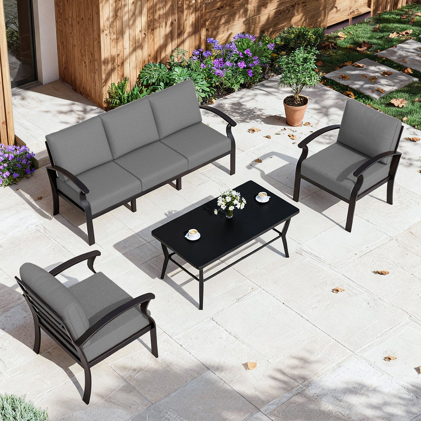 ALAULM 5-Seat Aluminum Patio Furniture Set, Outdoor Patio Conversation Set with Rectangular Metal Coffee Table and 5.1" Cushions for Patio Backyard Poolside，Sand