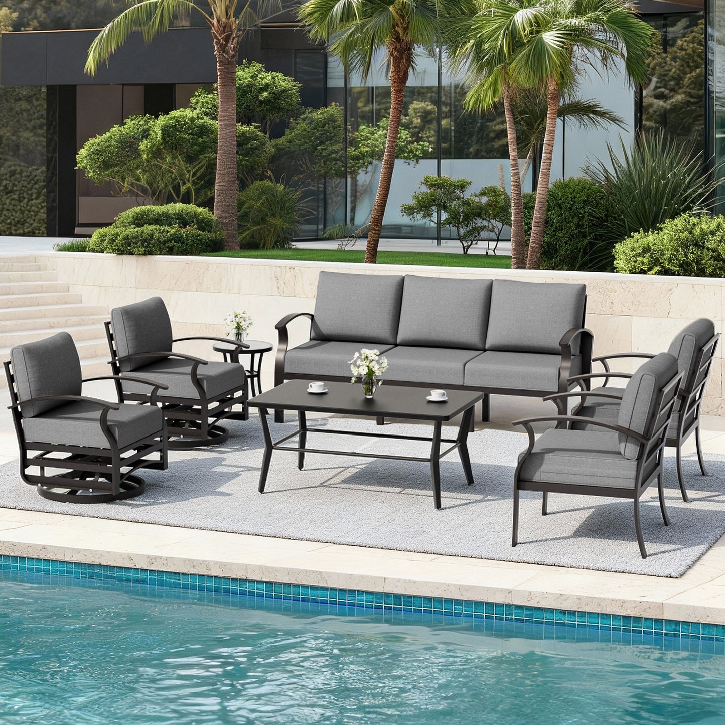 ALAULM 7-Seat Aluminum Patio Furniture Set, Outdoor Patio Conversation Set with Rectangular Metal Coffee Tables and 5.1" Cushions for Patio Backyard Poolside