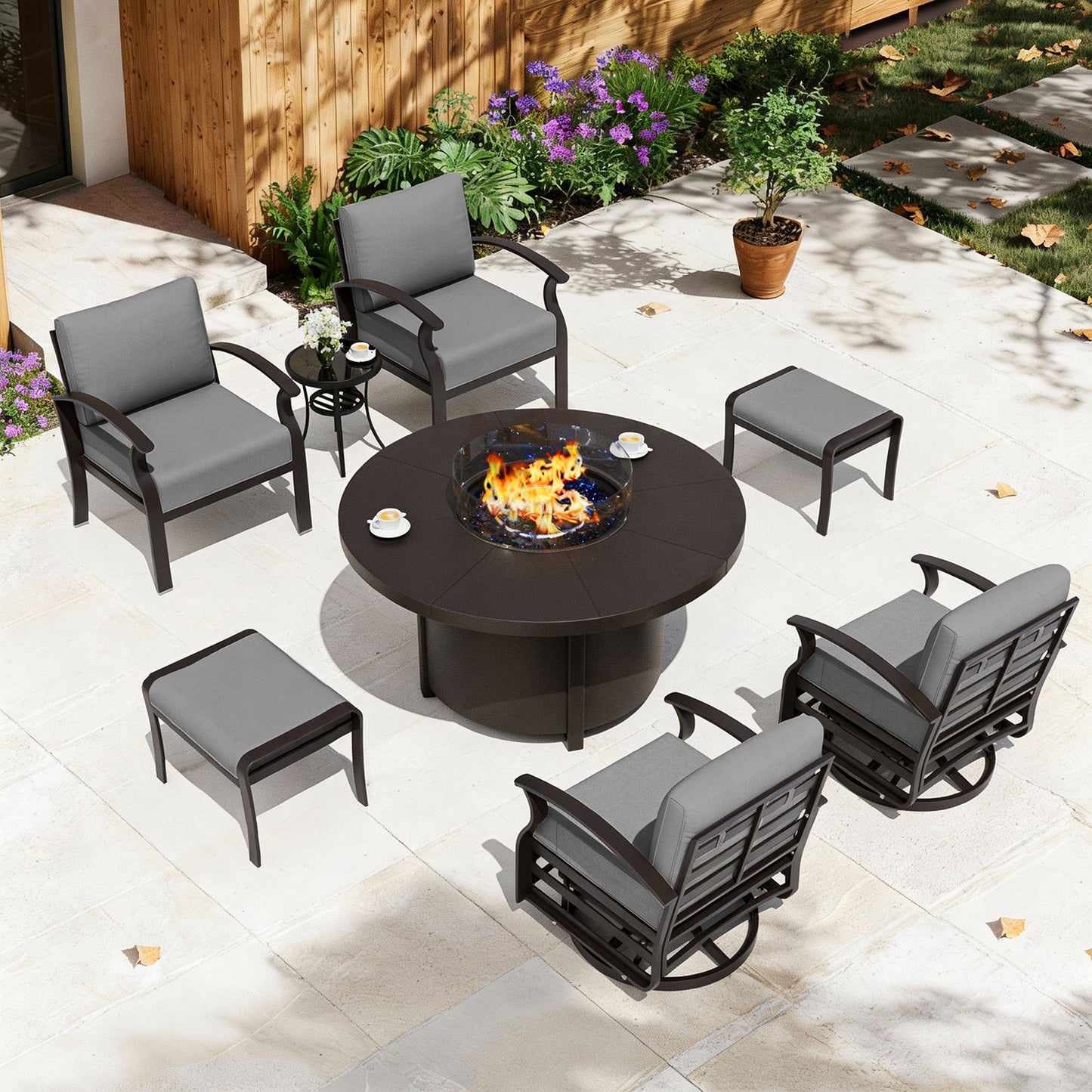 ALAULM Aluminium Patio Furniture Set with Swivel Chairs, 6-Seater Metal Outdoor Furniture Patio Sectional Sofas Patio Conversation Set with 2 Ottomans For Patio, Backyard, Poolside
