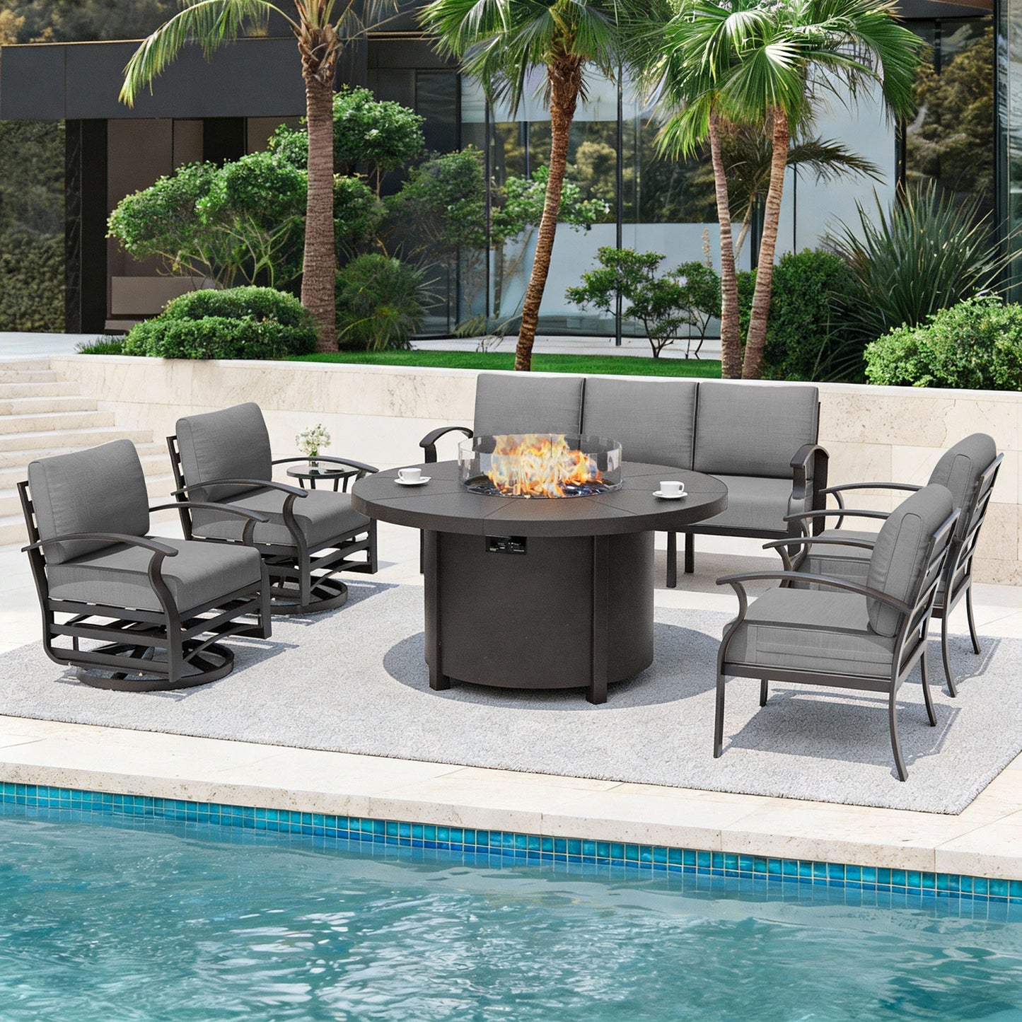 ALAULM Aluminium Patio Furniture Set with Swivel Chairs, 7-Seater Metal Outdoor Furniture Patio Sectional Sofas Patio Conversation Set with 2 swivel chairs For Patio, Backyard, Poolside