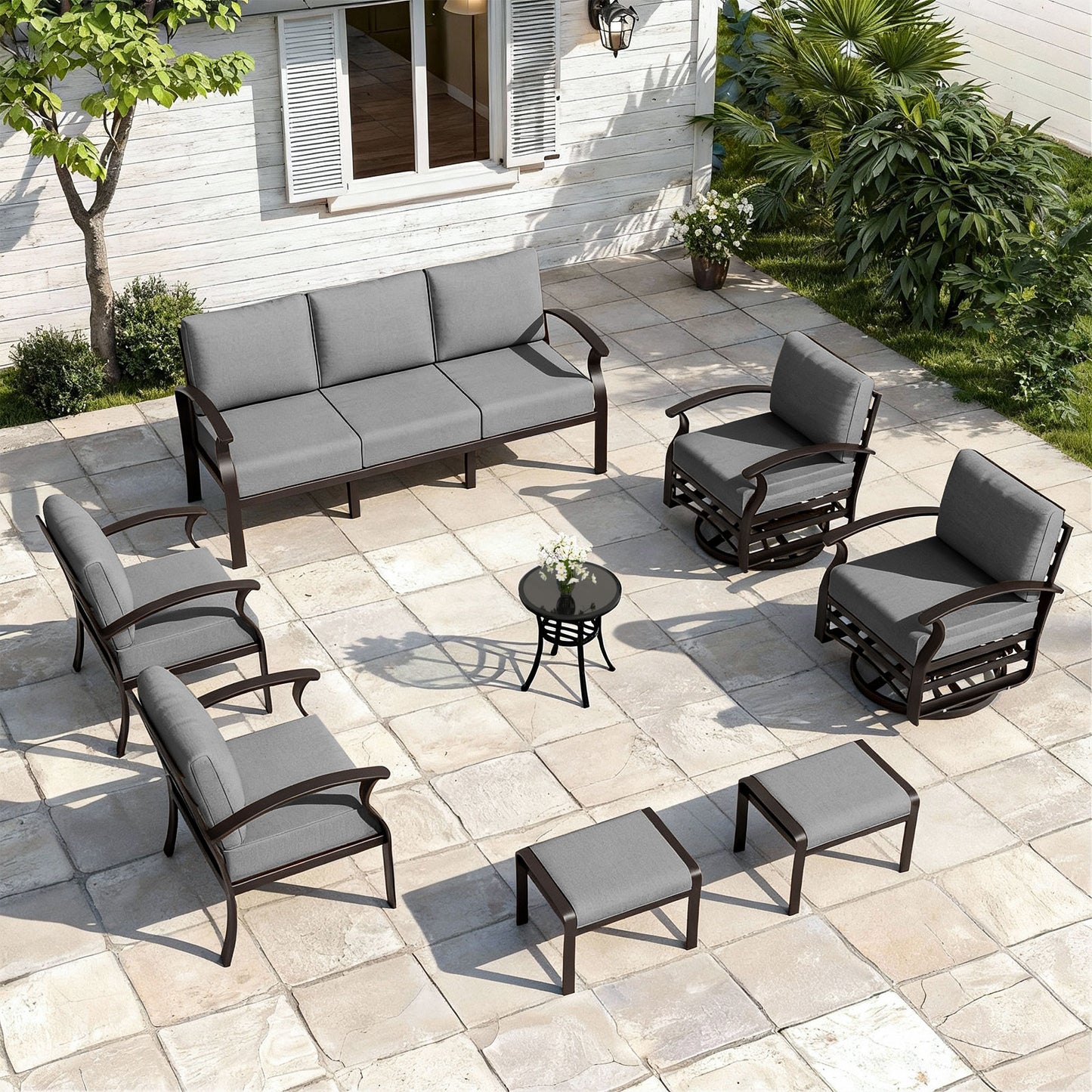 ALAULM 9-Seat Aluminum Patio Furniture Set, Outdoor Patio Conversation Set with Propane Fire Pit Table and 5.1" Cushions for Patio Backyard Poolside