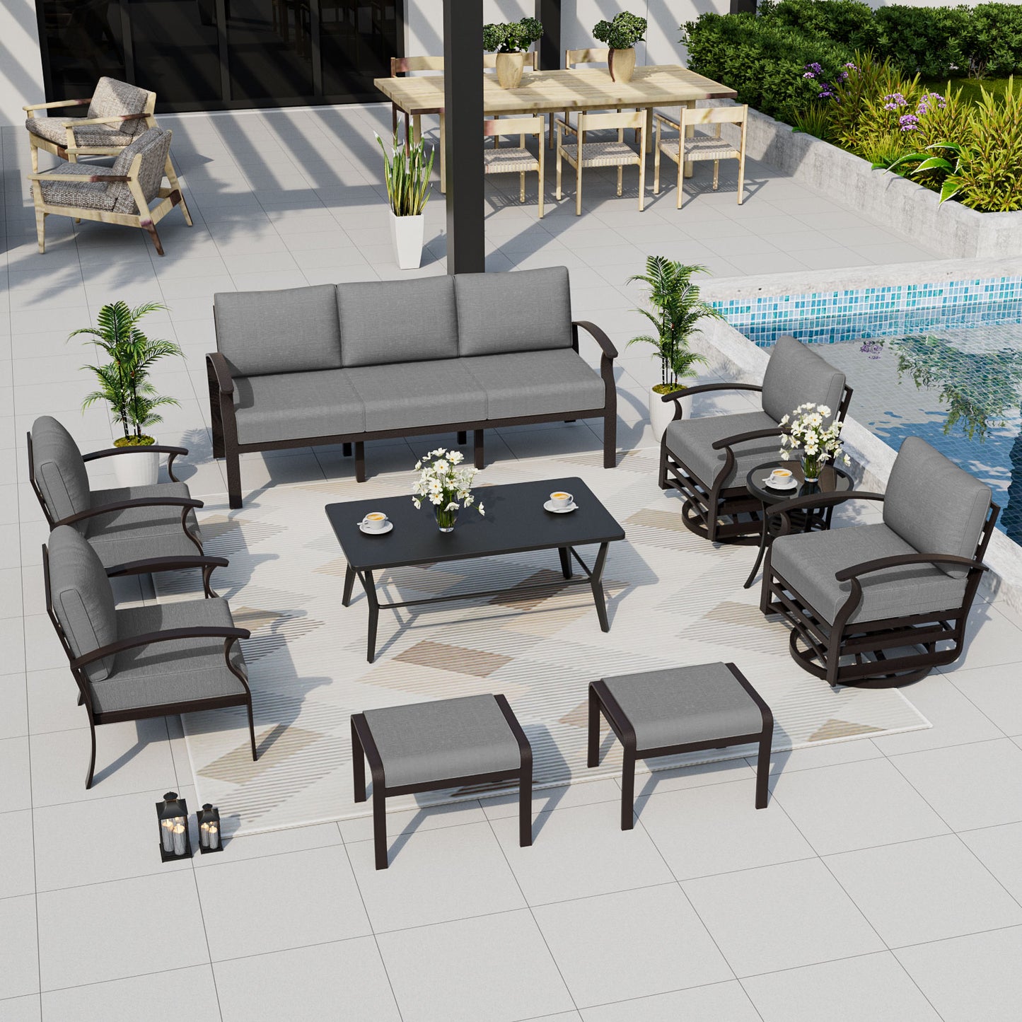 ALAULM 9-Seat Aluminum Patio Furniture Set, Outdoor Patio Conversation Set with Rectangular Metal Coffee Tables and 5.1" Cushions for Patio Backyard Poolside