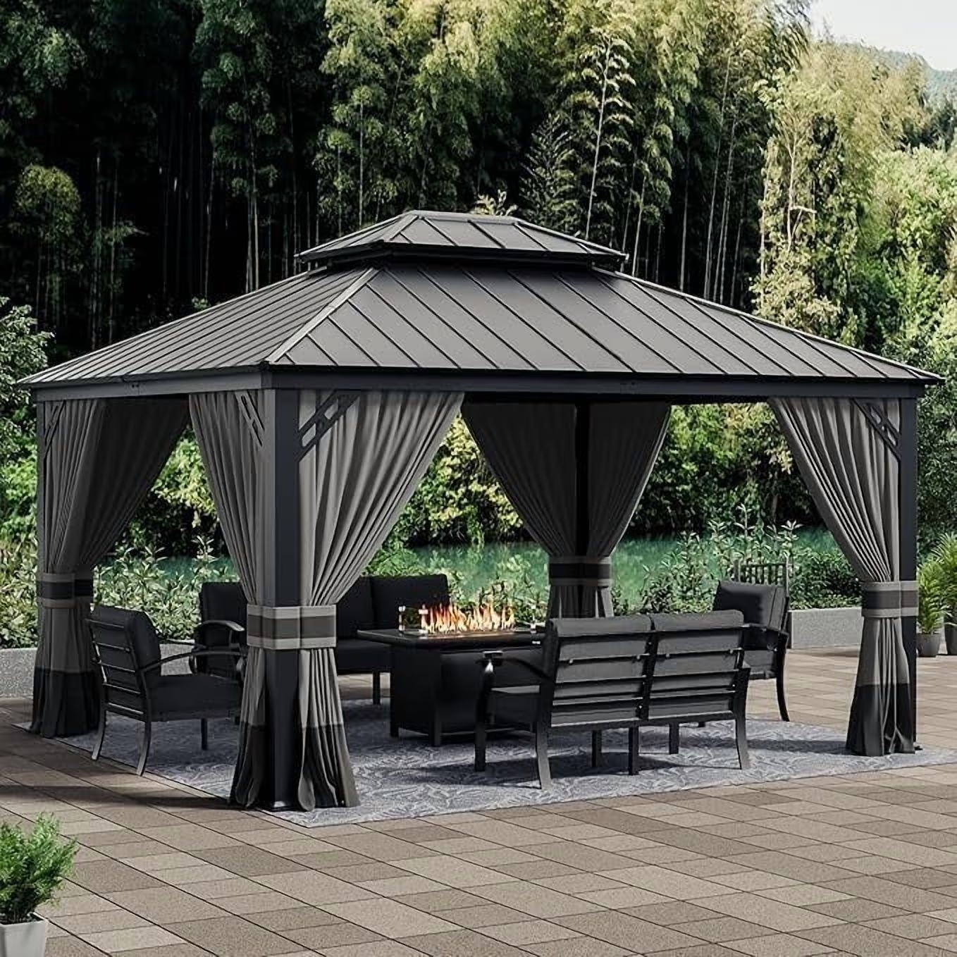 12x14 Hardtop Gazebo | Double Roof, Mesh & Privacy Curtains